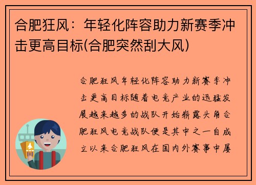 合肥狂风：年轻化阵容助力新赛季冲击更高目标(合肥突然刮大风)