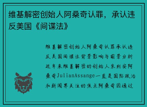 维基解密创始人阿桑奇认罪，承认违反美国《间谍法》