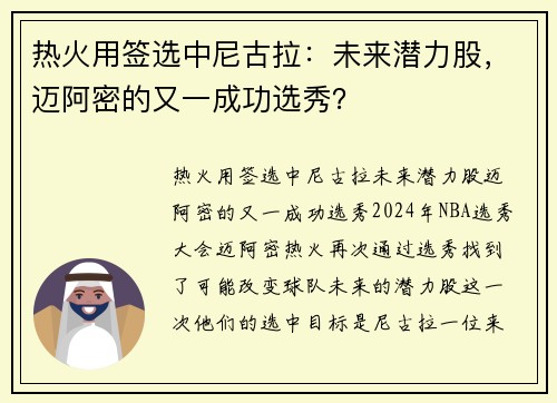 热火用签选中尼古拉：未来潜力股，迈阿密的又一成功选秀？