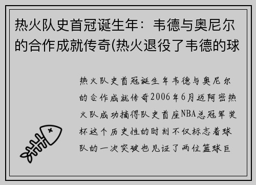 热火队史首冠诞生年：韦德与奥尼尔的合作成就传奇(热火退役了韦德的球衣吗)