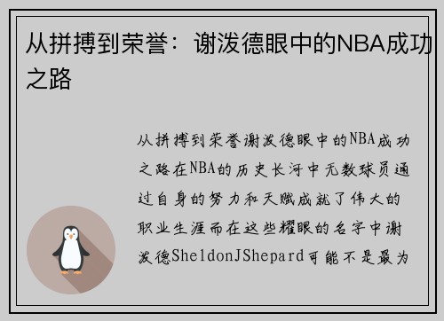 从拼搏到荣誉：谢泼德眼中的NBA成功之路