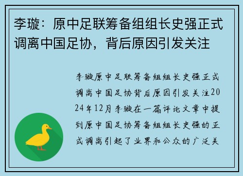 李璇：原中足联筹备组组长史强正式调离中国足协，背后原因引发关注