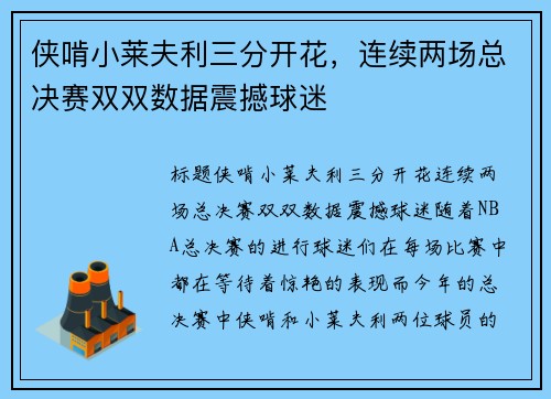 侠啃小莱夫利三分开花，连续两场总决赛双双数据震撼球迷