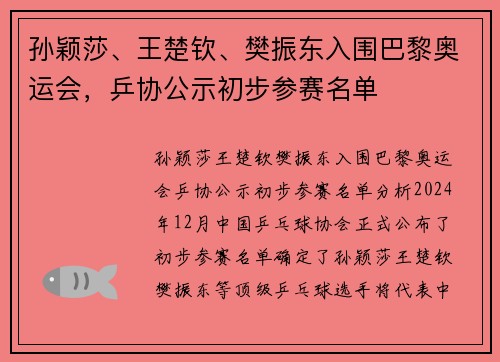 孙颖莎、王楚钦、樊振东入围巴黎奥运会，乒协公示初步参赛名单